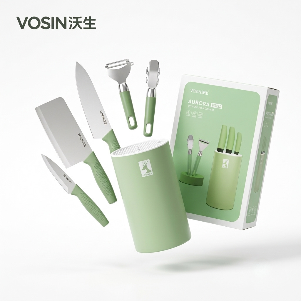 {Order giao 20/10} Bộ dao nhà bếp 6 món VOSIN AURORA, kèm dock, có dao chặt thái bản lớn - Ảnh 2