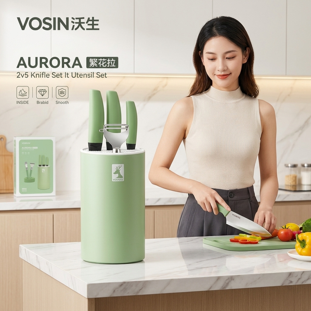 {Order giao 20/10} Bộ dao nhà bếp 6 món VOSIN AURORA, kèm dock, có dao chặt thái bản lớn - Ảnh 3